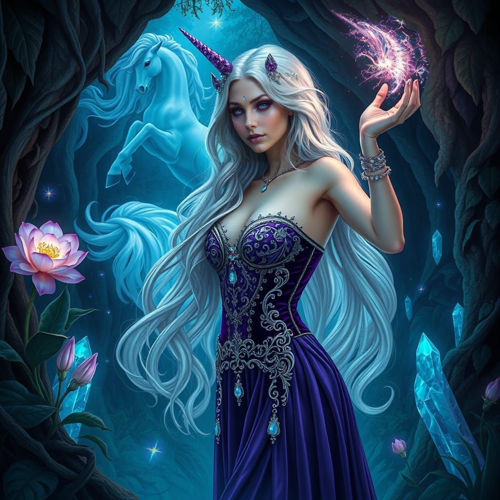 Enchantress in Grotto Surrounded by Bioluminescent Flora and...