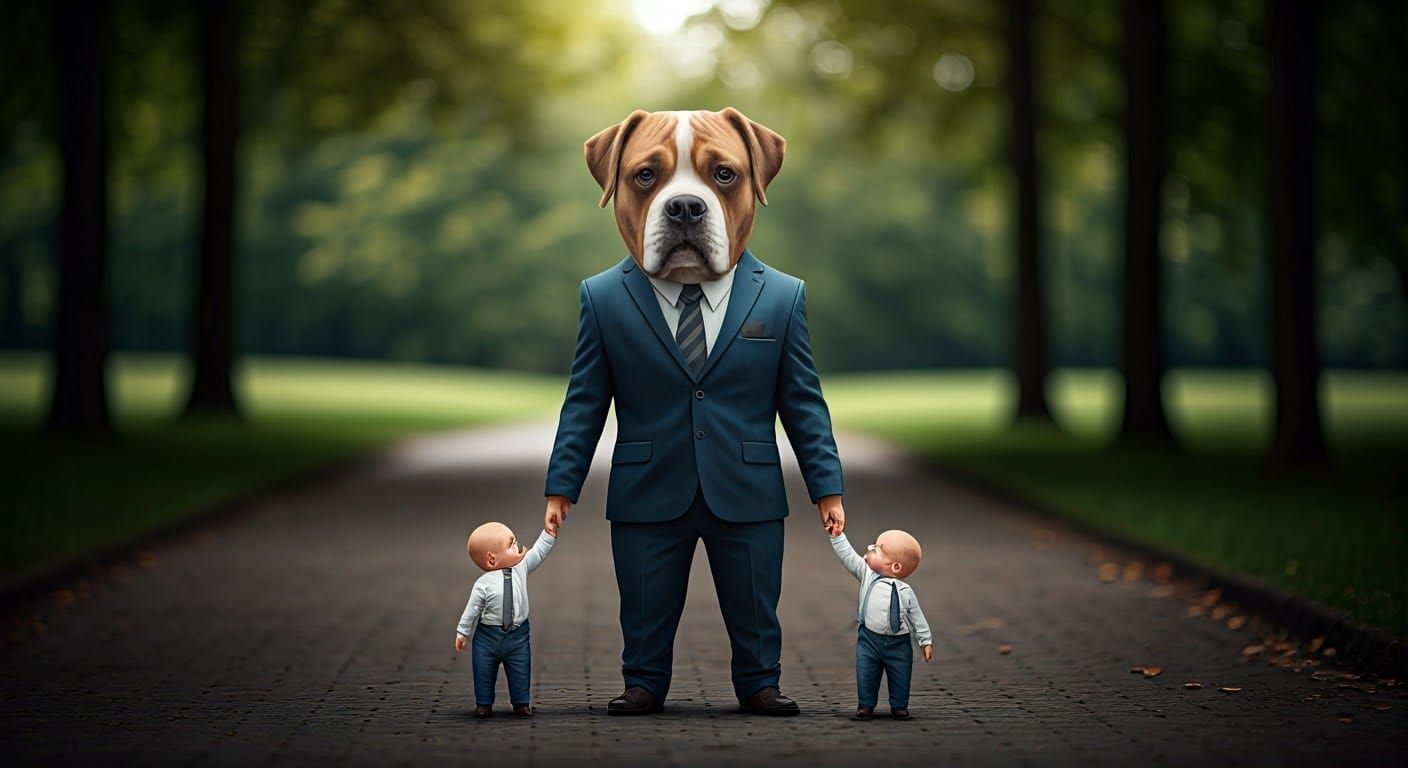 Lovable Anthropomorphic Dog Walks Human Babies in the Park