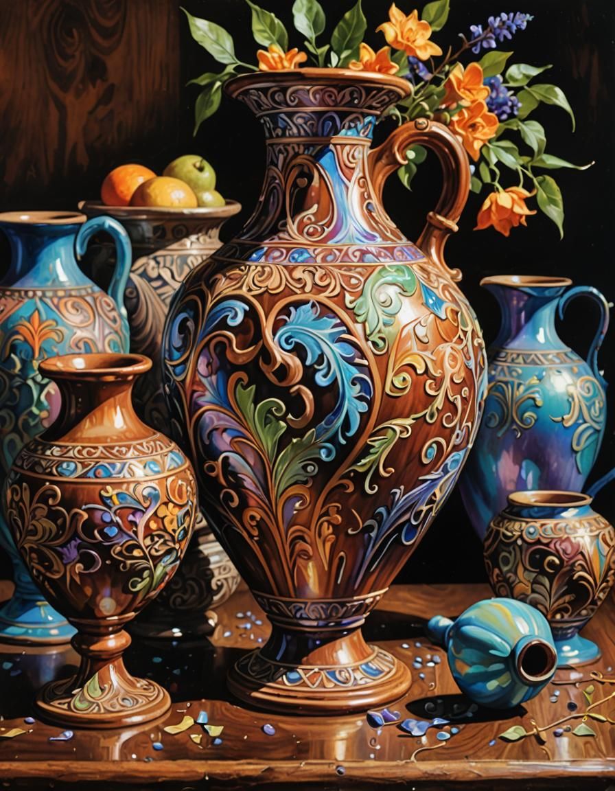 Ornate Amphora Still Life as Gouache Dye-Transfer