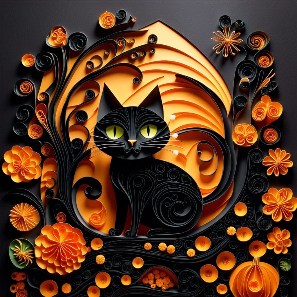 Paper Black Cat in Pumpkin Patch, Pop Surrealism