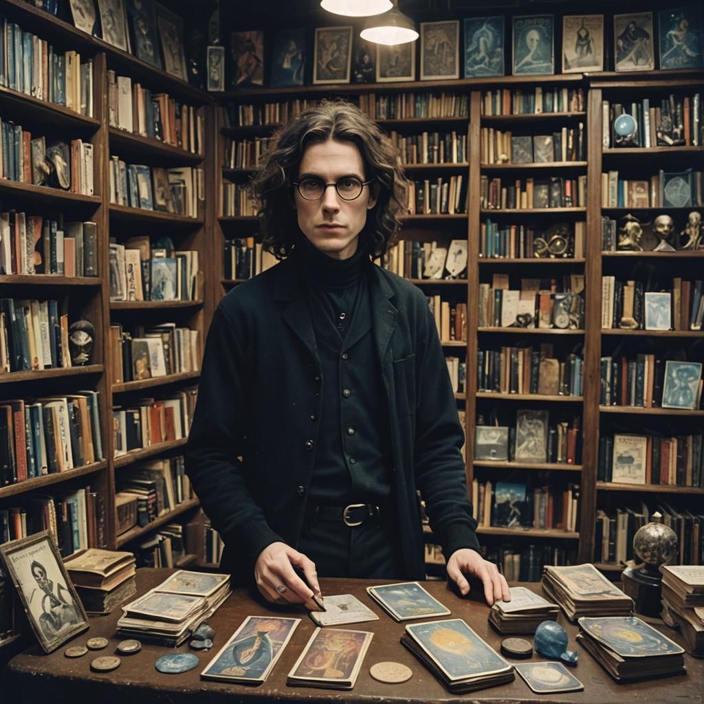 Mystical Occult Bookshop Interior with Fair-Haired Man