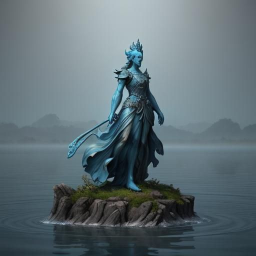 Dreamlike Azure Ceramic Sculpture on Misty Lake