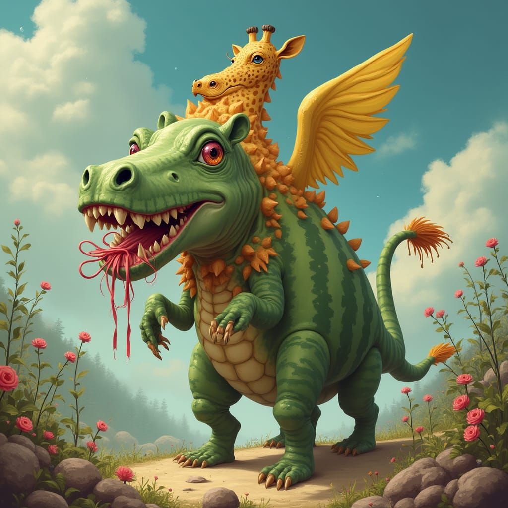 Surreal Hybrid Creature in Vibrant Dreamlike Scene