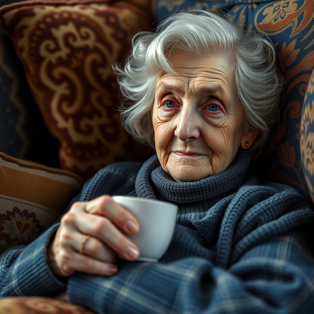 Detailed Portrait of Old Woman with Coffee