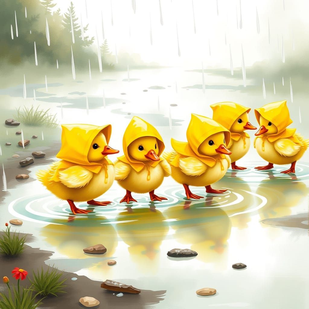 Ducklings in Raincoats: A Whimsical Pastel Scene