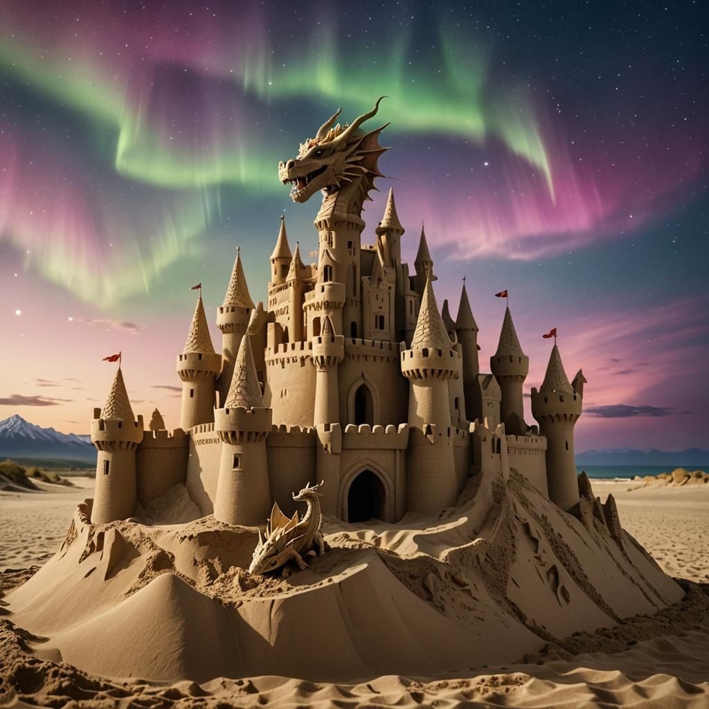 Sandcastle Dragon Under Aurora: Professional Photography