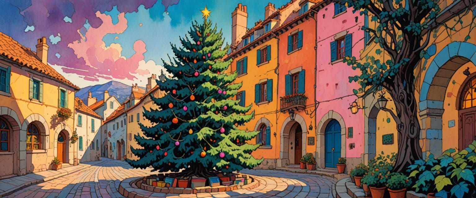 Vibrant Christmas Tree in Cobblestone Town Square