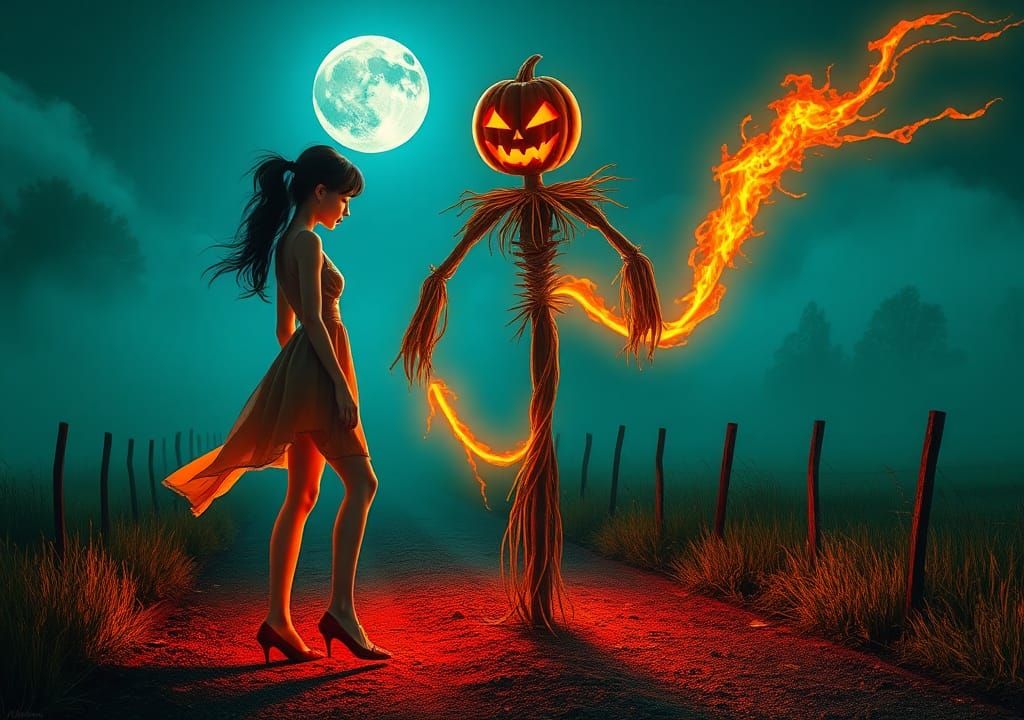 Goth Girl and Jack-o'-Lantern Scarecrow on Foggy Road