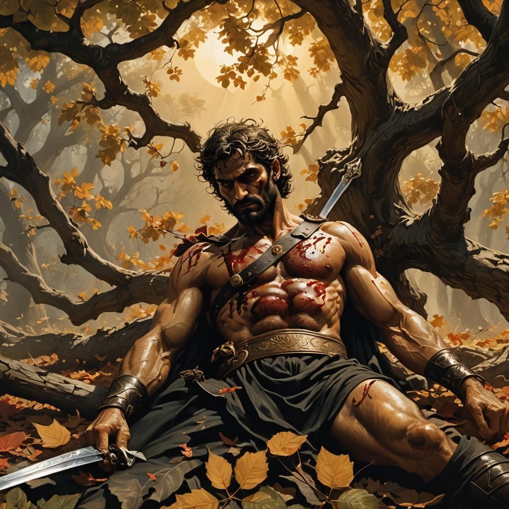Wounded Greek Warrior Under Mulberry Tree, Fantasy Art