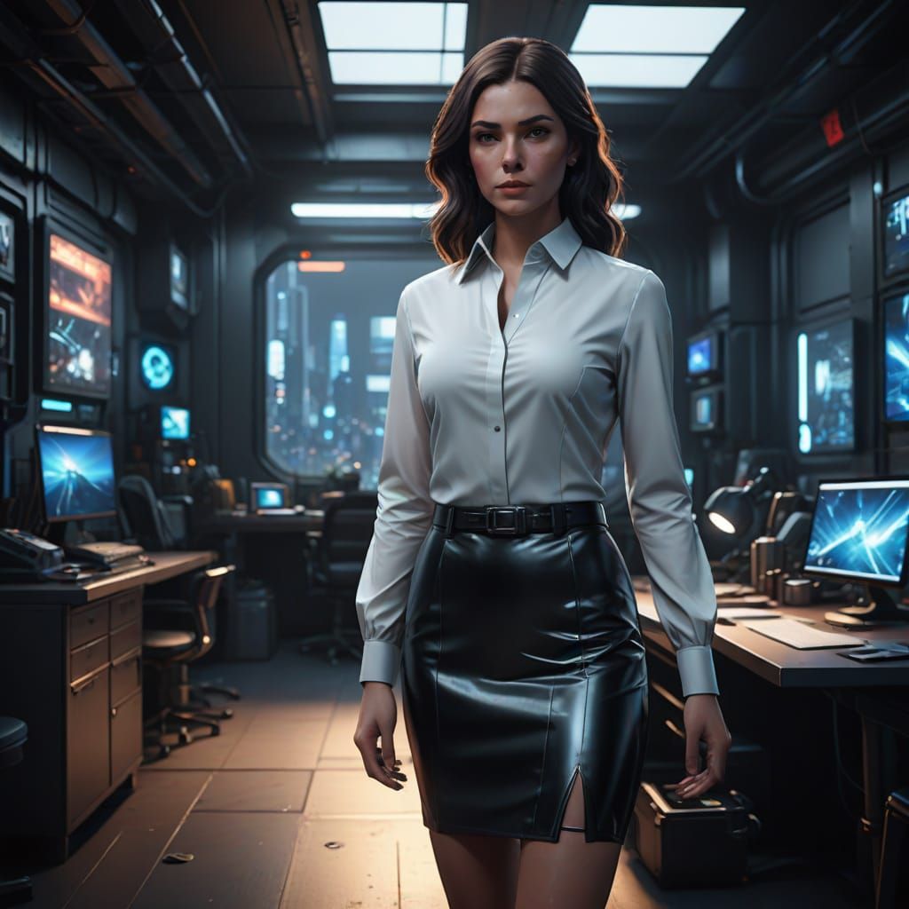 Confident Businesswoman in Metallic Latex Skirt and White Bl...