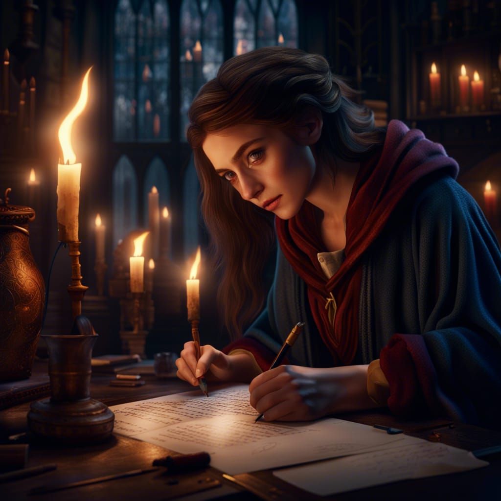 Girl Writing Letter by Candlelight in Fantasy Style