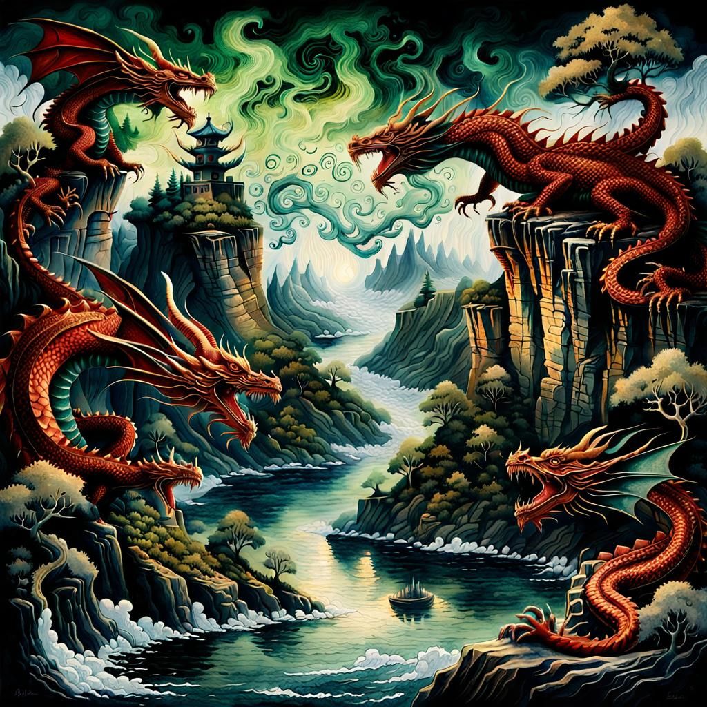Dragons Over Mystic Cliffs: Cinematic Illustration