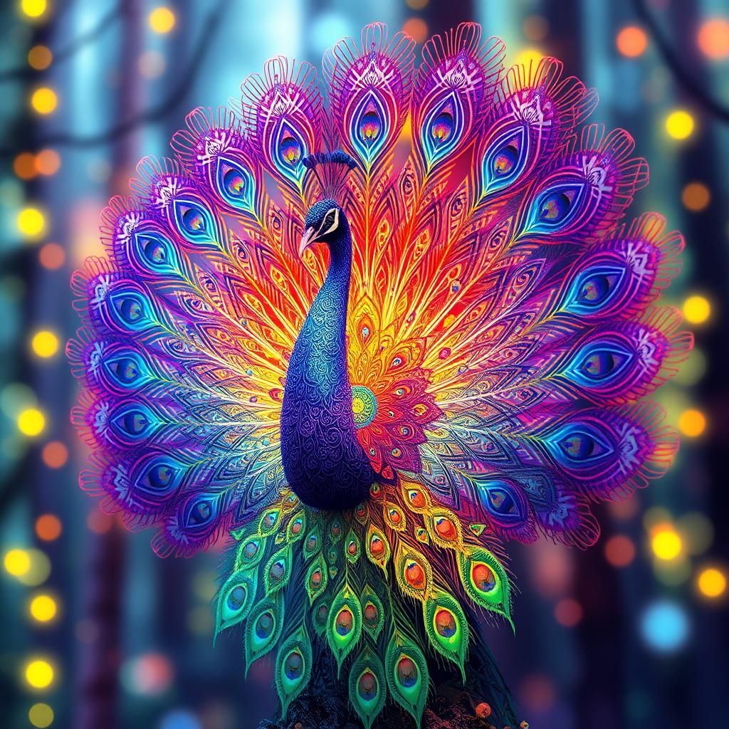 Iridescent Peacock in Bioluminescent Forest, Fantasy Art