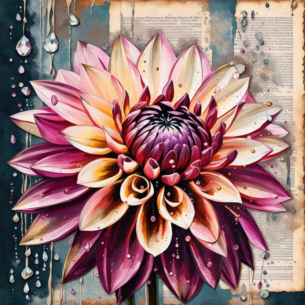 Gemstone Beads and Dahlia Collage in Oil Painting Style