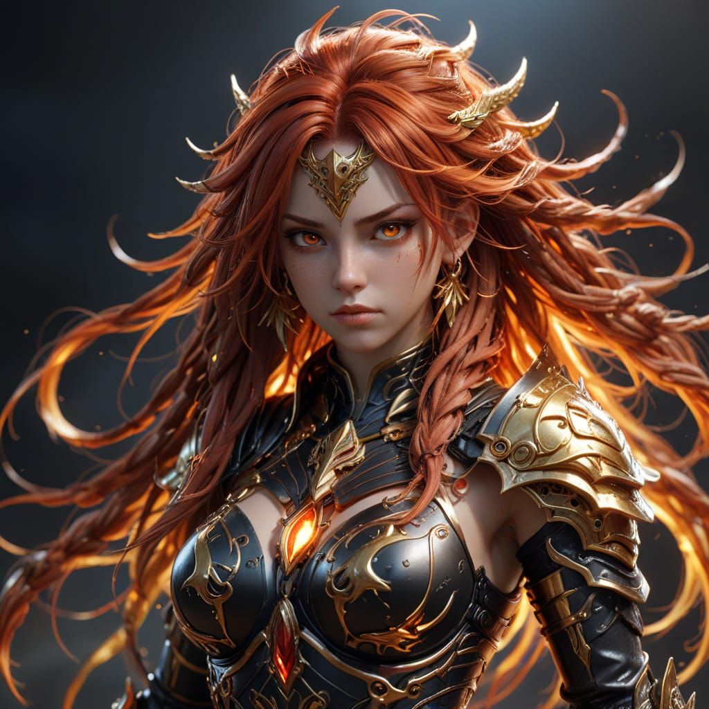 Anime Demon Warrior with Flowing Red Hair and Golden Armor