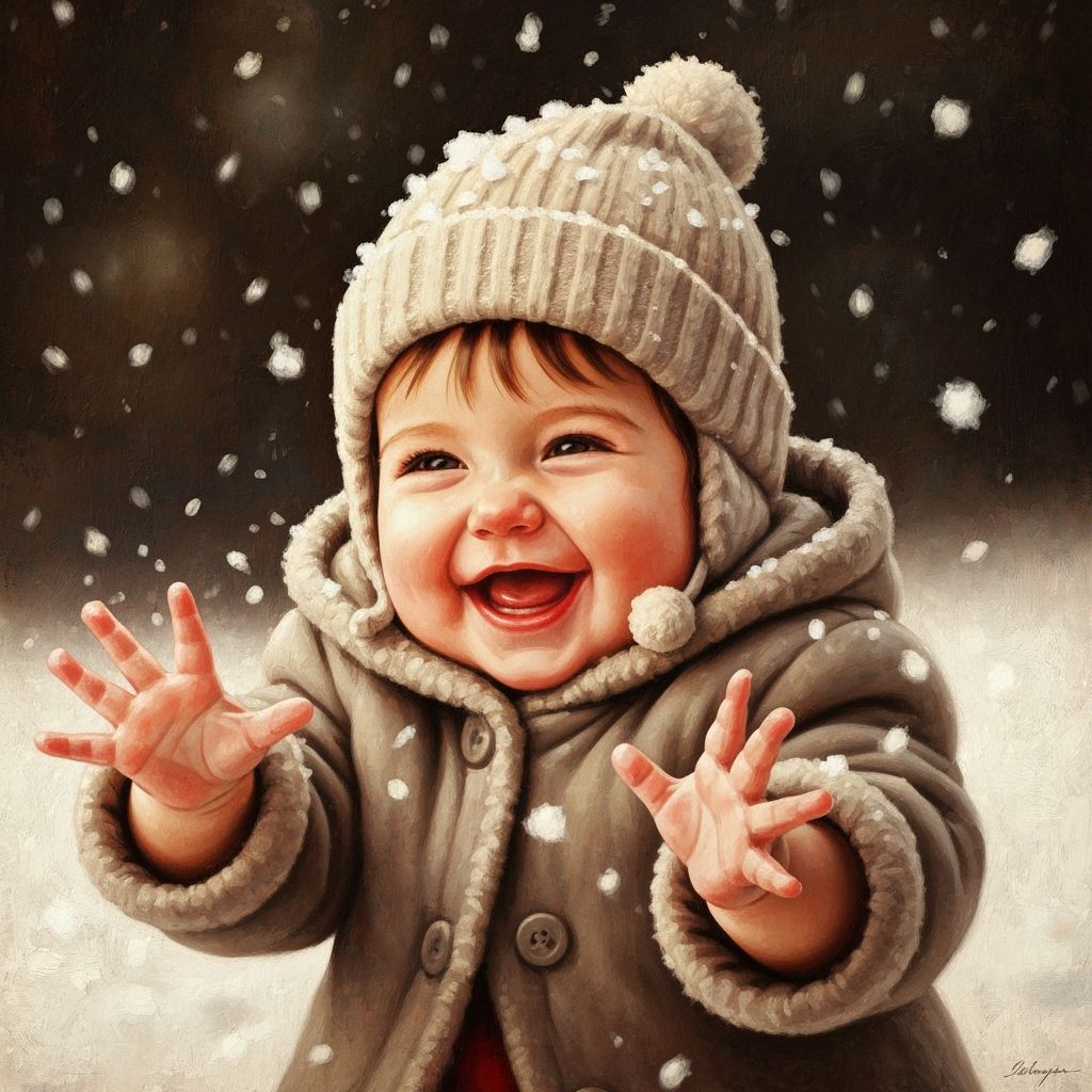 Joyful Baby Girl in Falling Snow, Nostalgic Christmas Oil Pa...