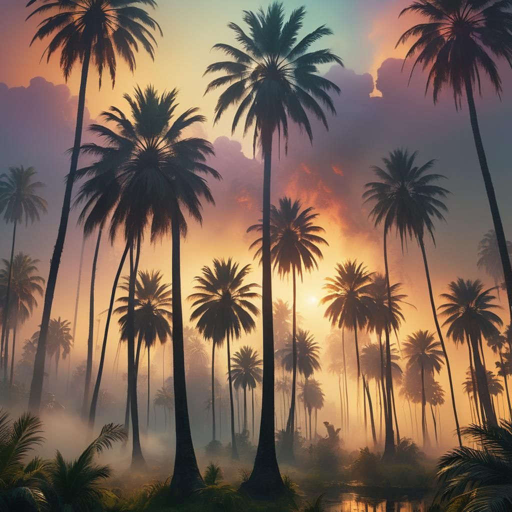 Eerie Palm Trees in Mist-Filled Sunset: Digital Matte Painti...