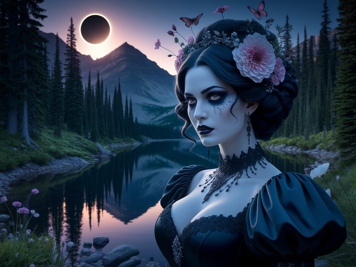 Gothic Enchantress in Emerald Woodland