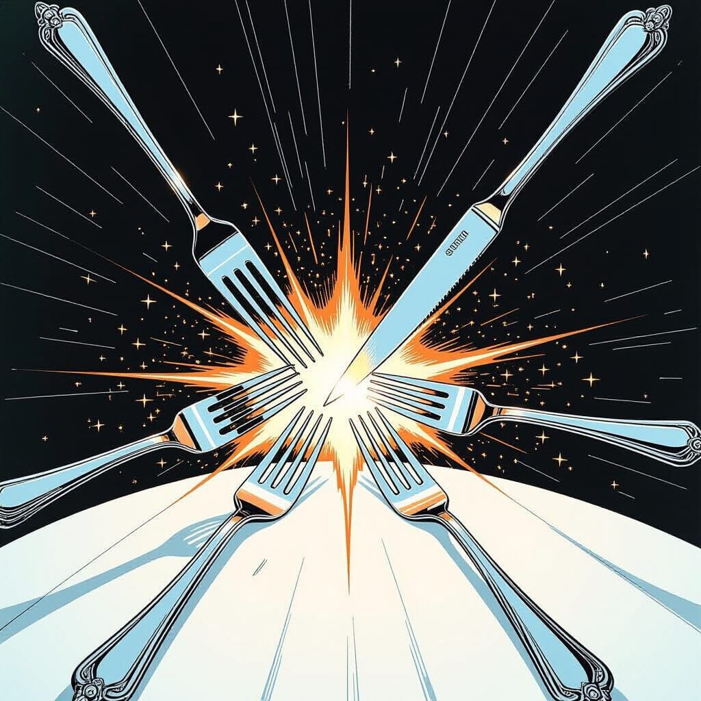 Silverware Duel: Futuristic Metallic Inkwork