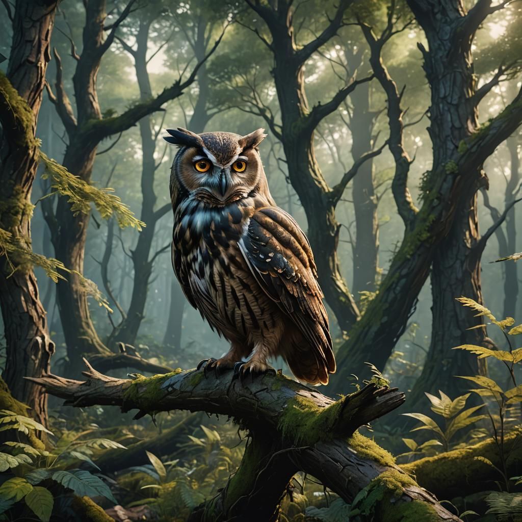 Photorealistic Owl in Detailed Forest Scene