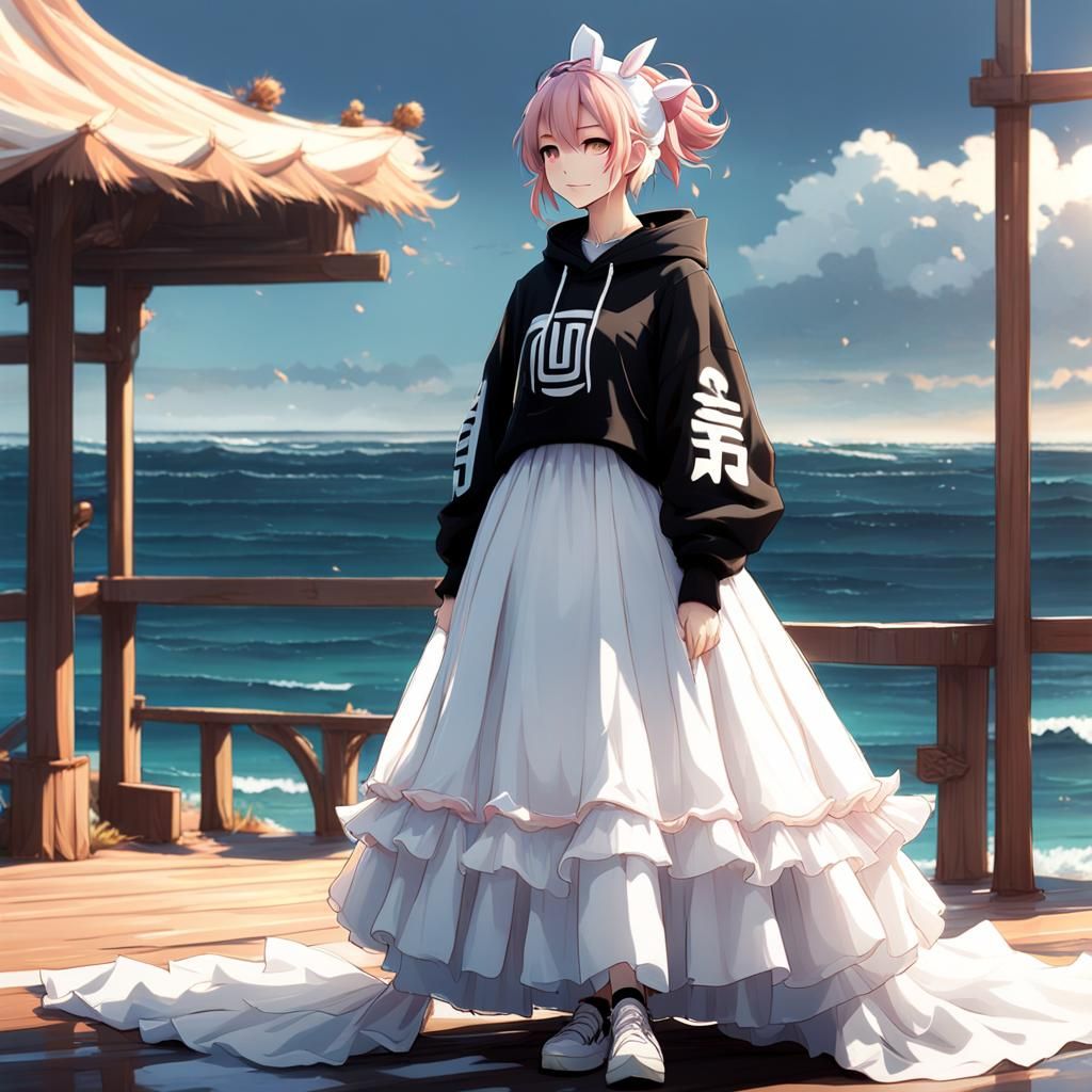 Anime Girl with Pink Hair and Hoodie by Ocean
