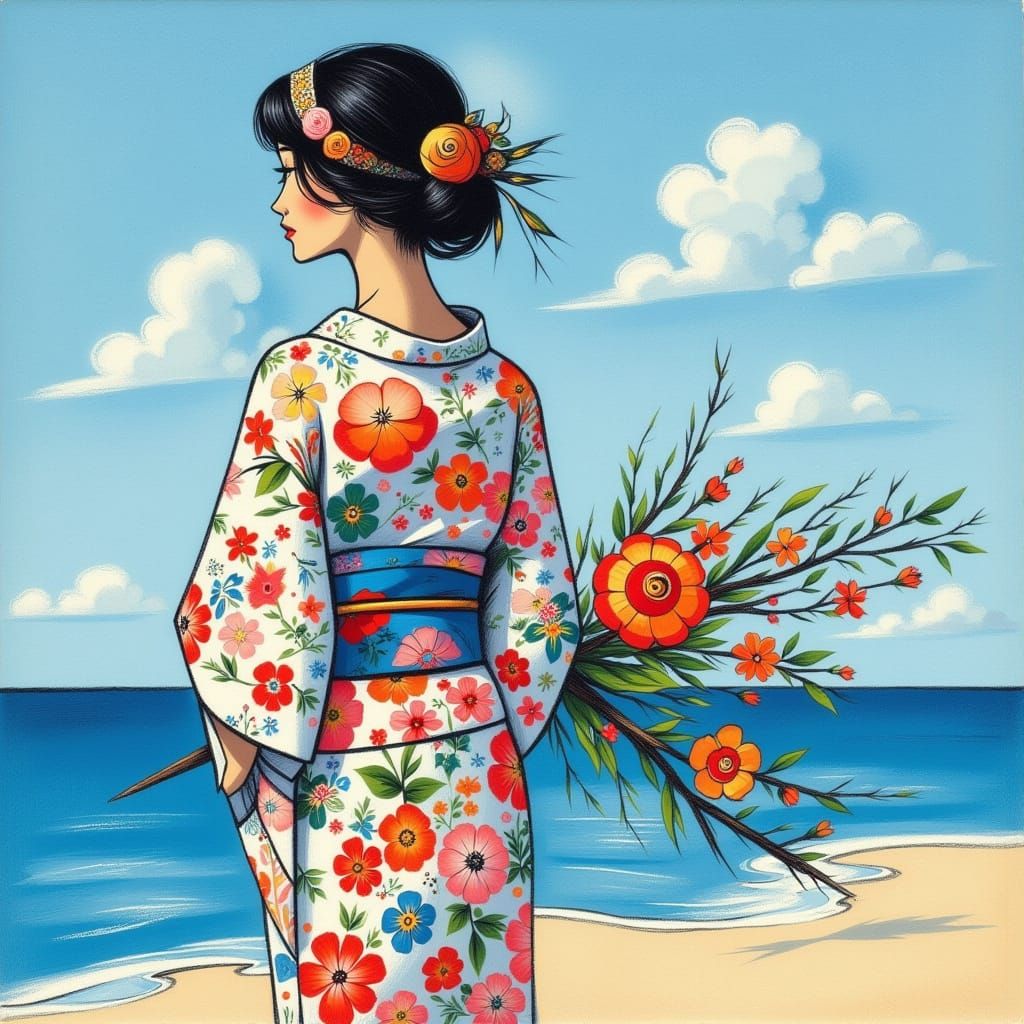 Japanese Woman in Yukata with Azure Sky