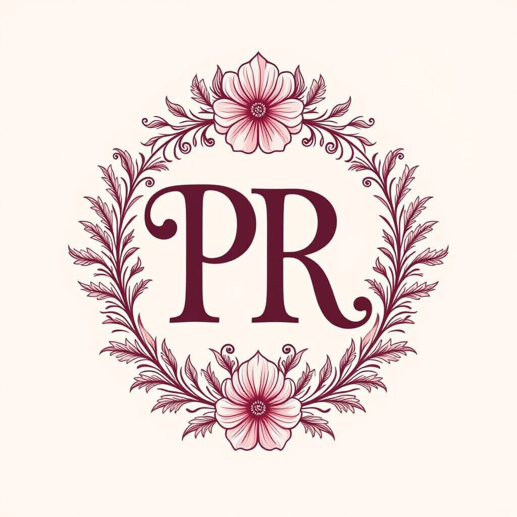 PR Logo with Floral Accents on Pink Background