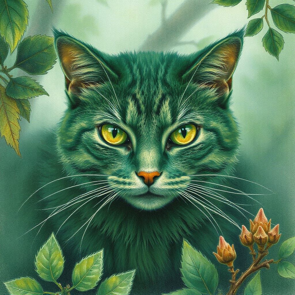 Green Cat in Mist: Fantasy Art Illustration