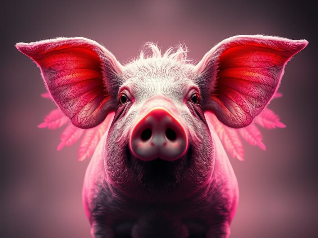 Winged Pig Portrait in Triadic Color Style