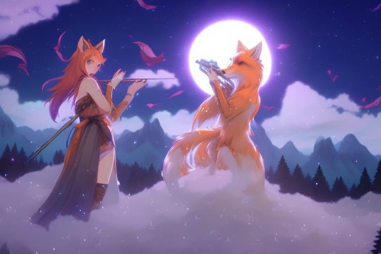 Fox Playing Flute Under Aurora, Fantasy Splash Art