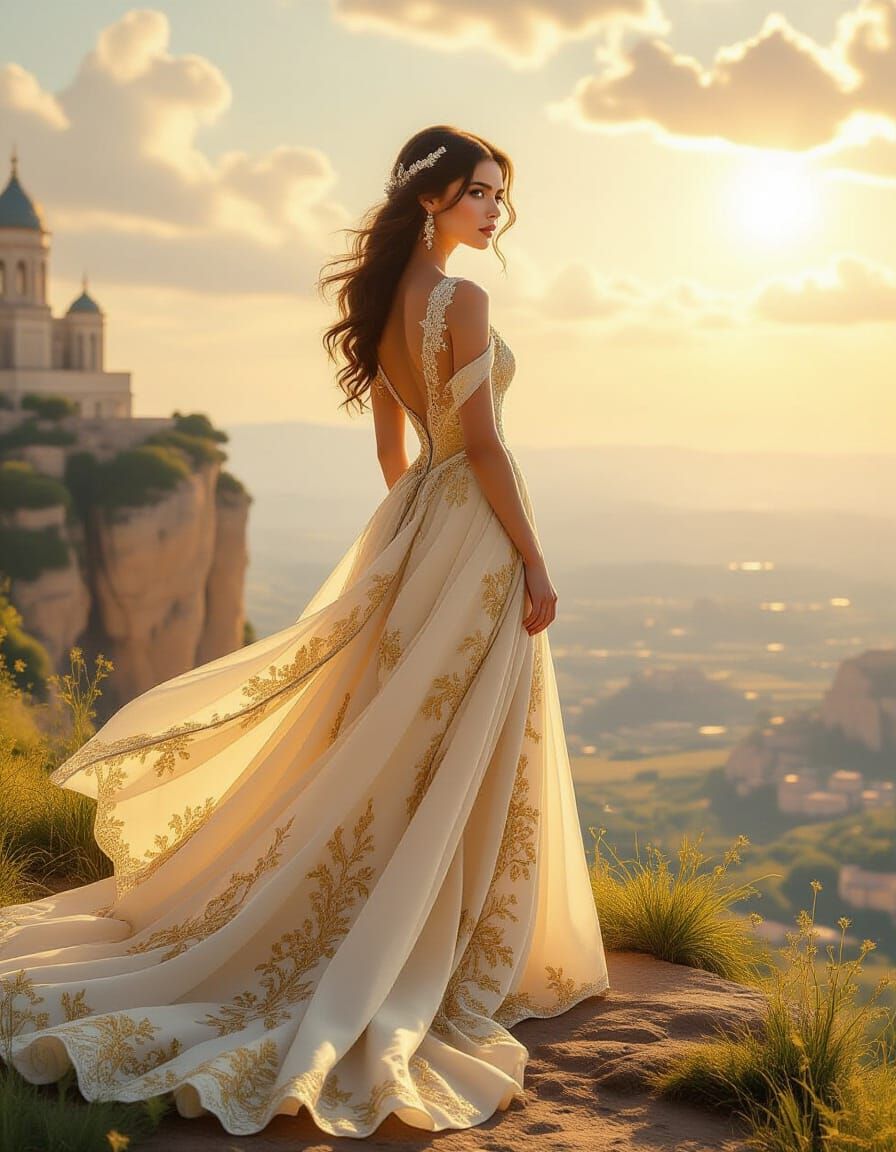 Young Woman in Opulent Gown on Cliff Overlooking Fantasy Lan...