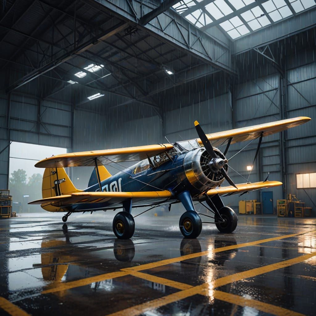 Biplane in Rain Outside Hangar