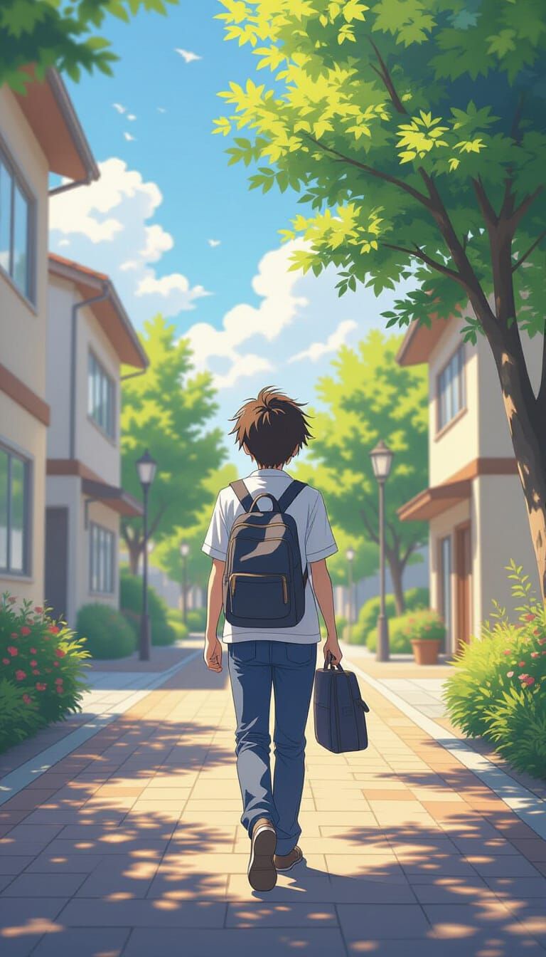 Anime Style Student Walks to Class on Sunny Campus