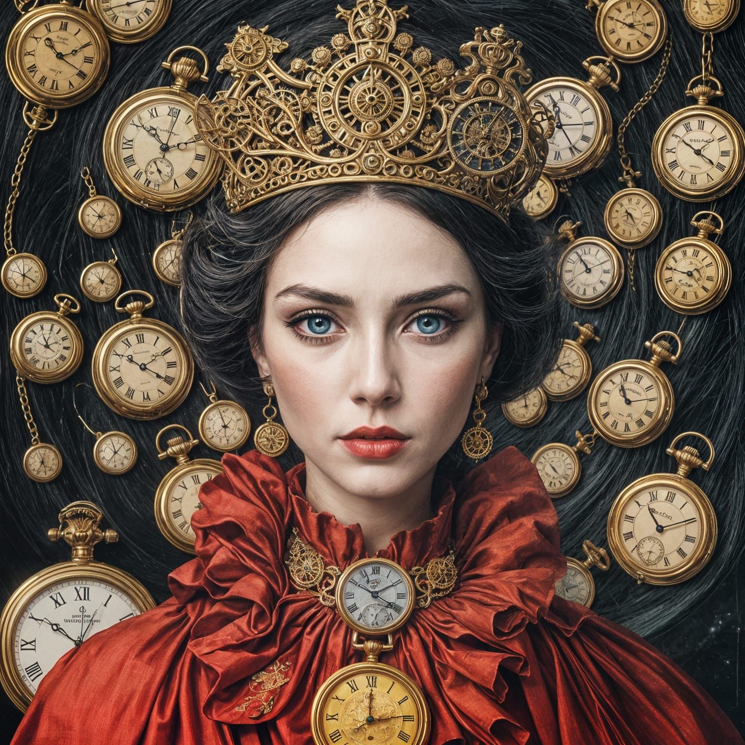 Ethereal Time Queen in Golden Opulence and Clockwork Majesty