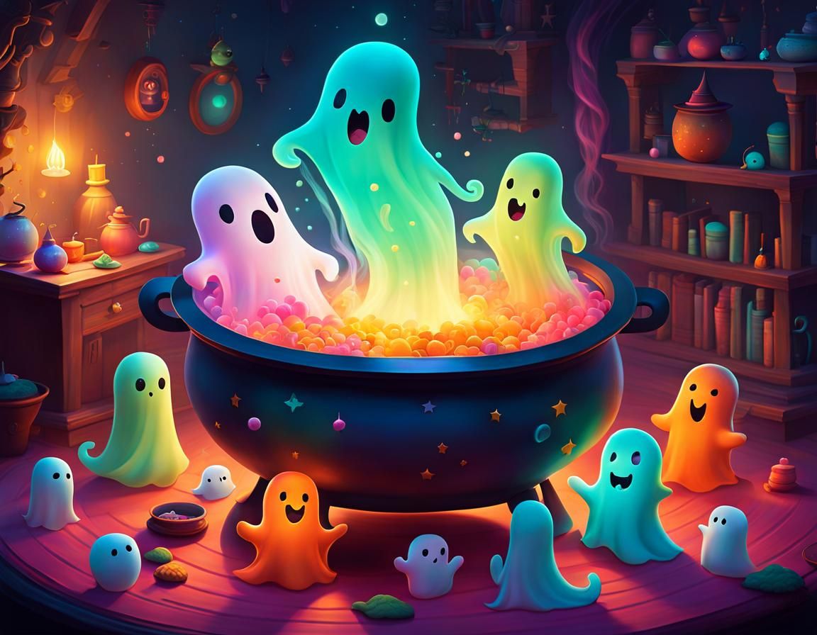 Playful Kawaii Ghosts in Witch's Room