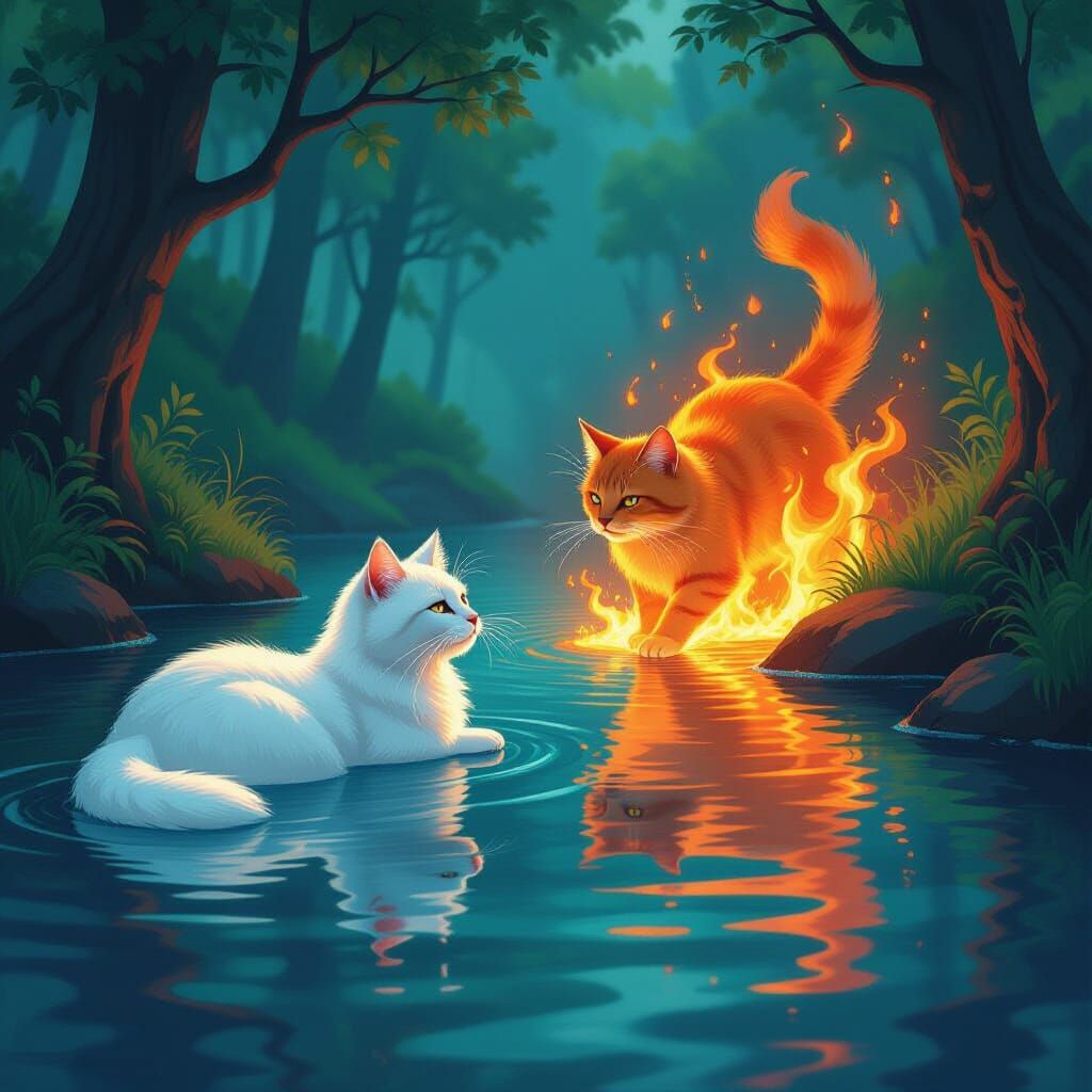 Dynamic Elemental Cats in Ornate Digital Style