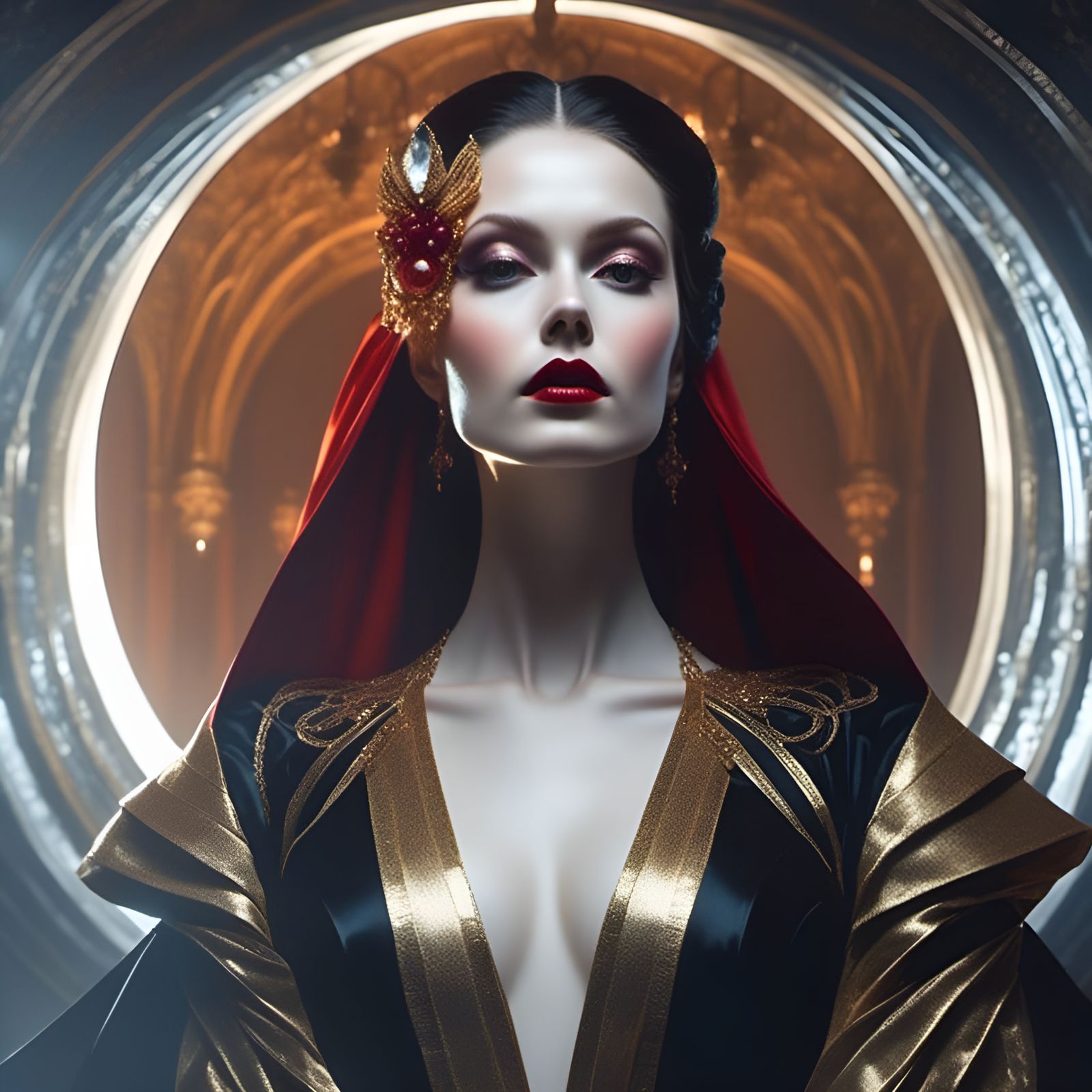 Vampiress in Sci-Fi Gown with Gothic Reflections