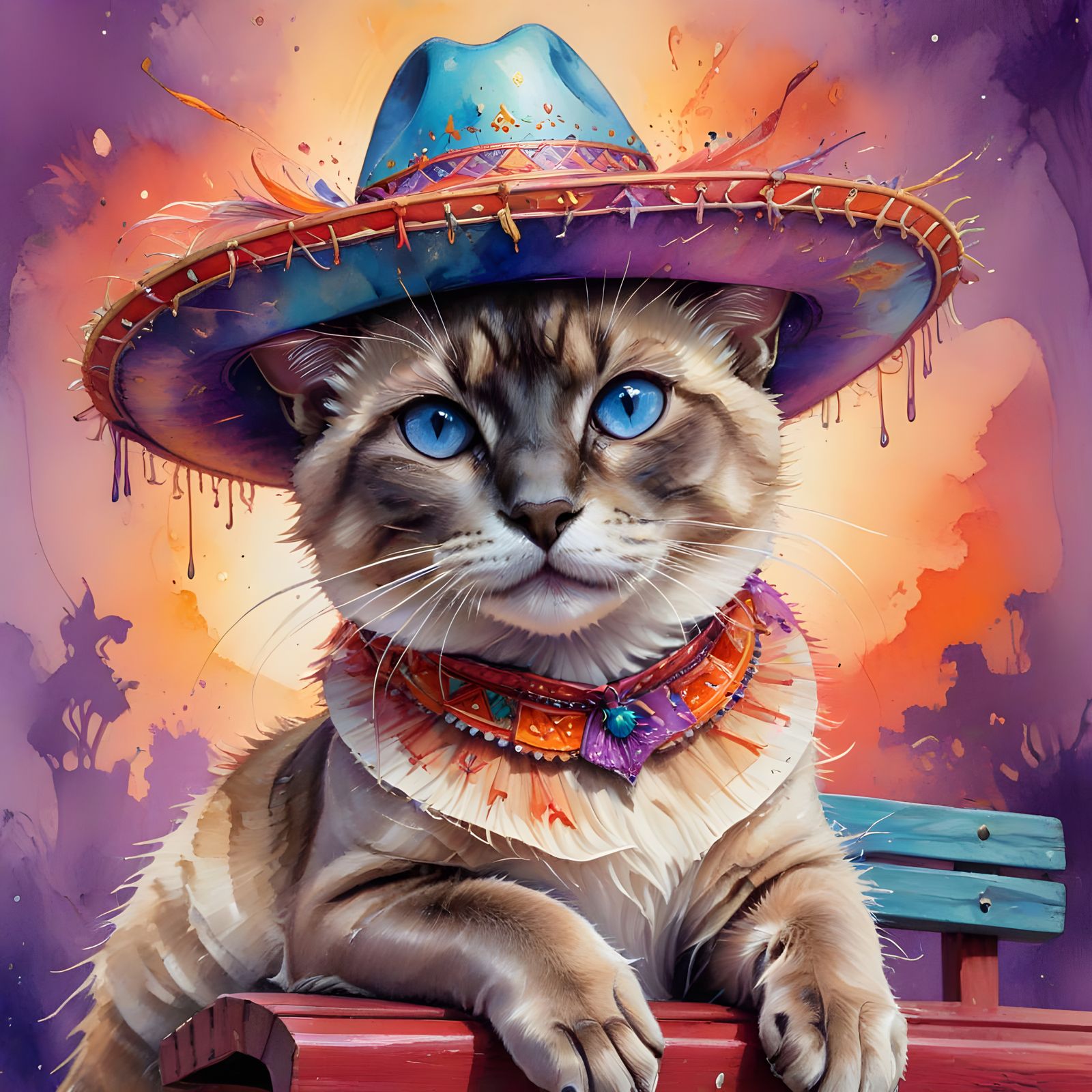 Siamese Cat in Sombrero: Whimsical Watercolor Illustration