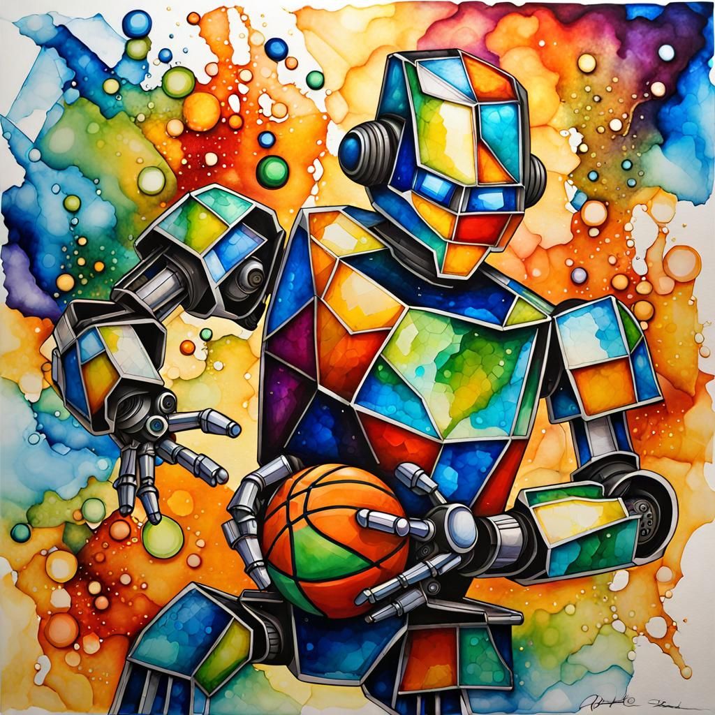 Robot Basketball in Divisionist Style
