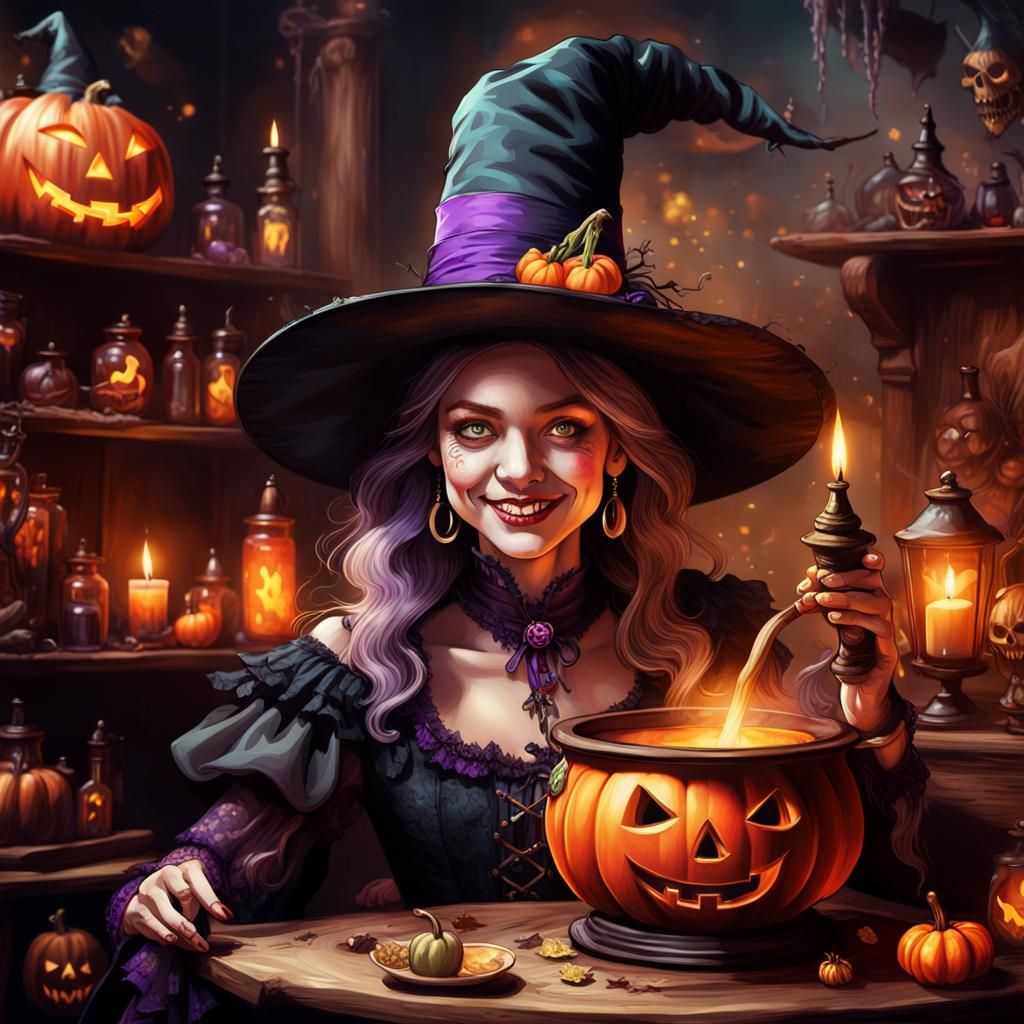 Victorian Witch Mixing Potions in Halloween Party