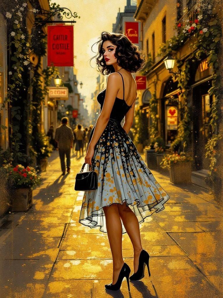 Italian Pin-Up in Cityscape with Art Nouveau Style