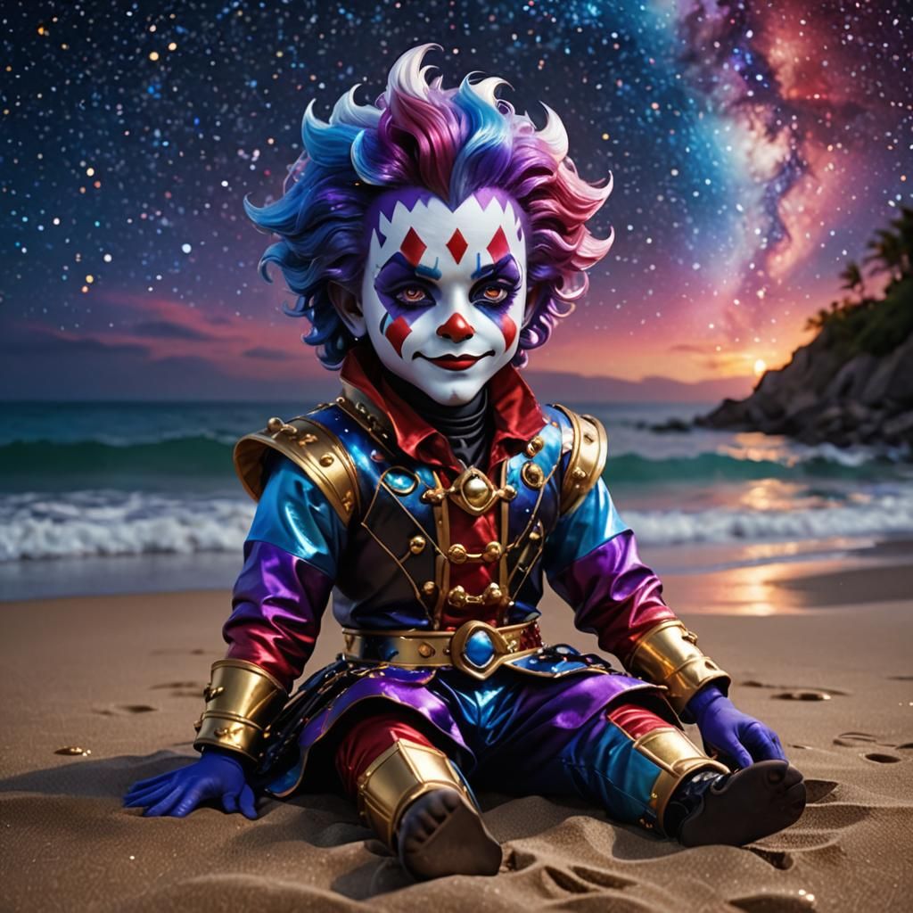 Chibi Harlequin on a Beach at Night