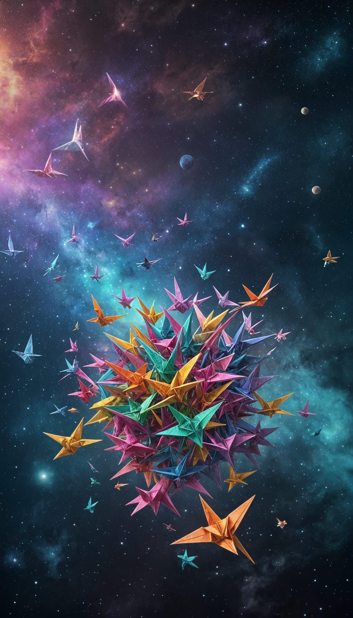 Origami Cranes Floating in Space: Hyperrealistic Concept Art