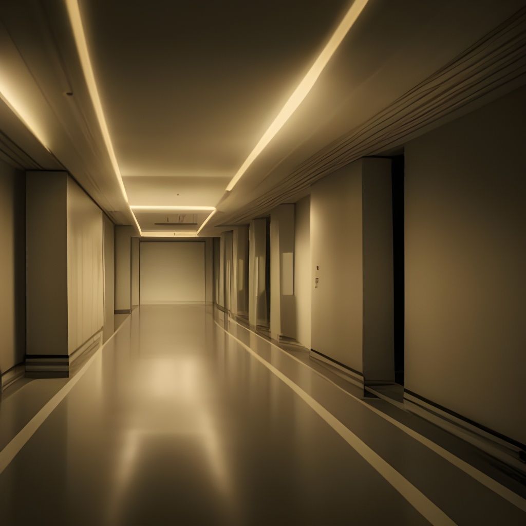 Empty Office Hallway with Dim Lighting
