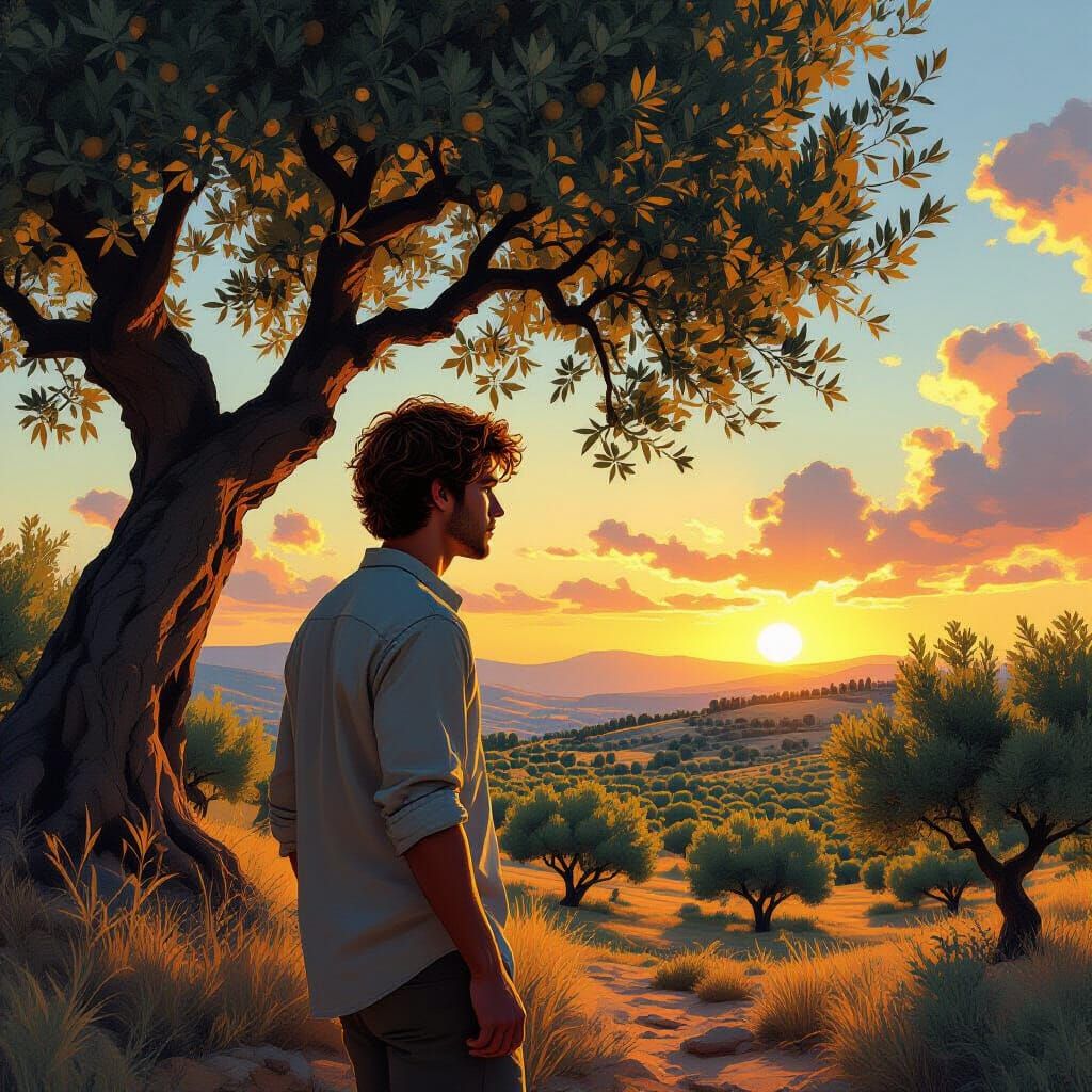 Young Man Walks Among Ancient Olive Trees at Sunrise