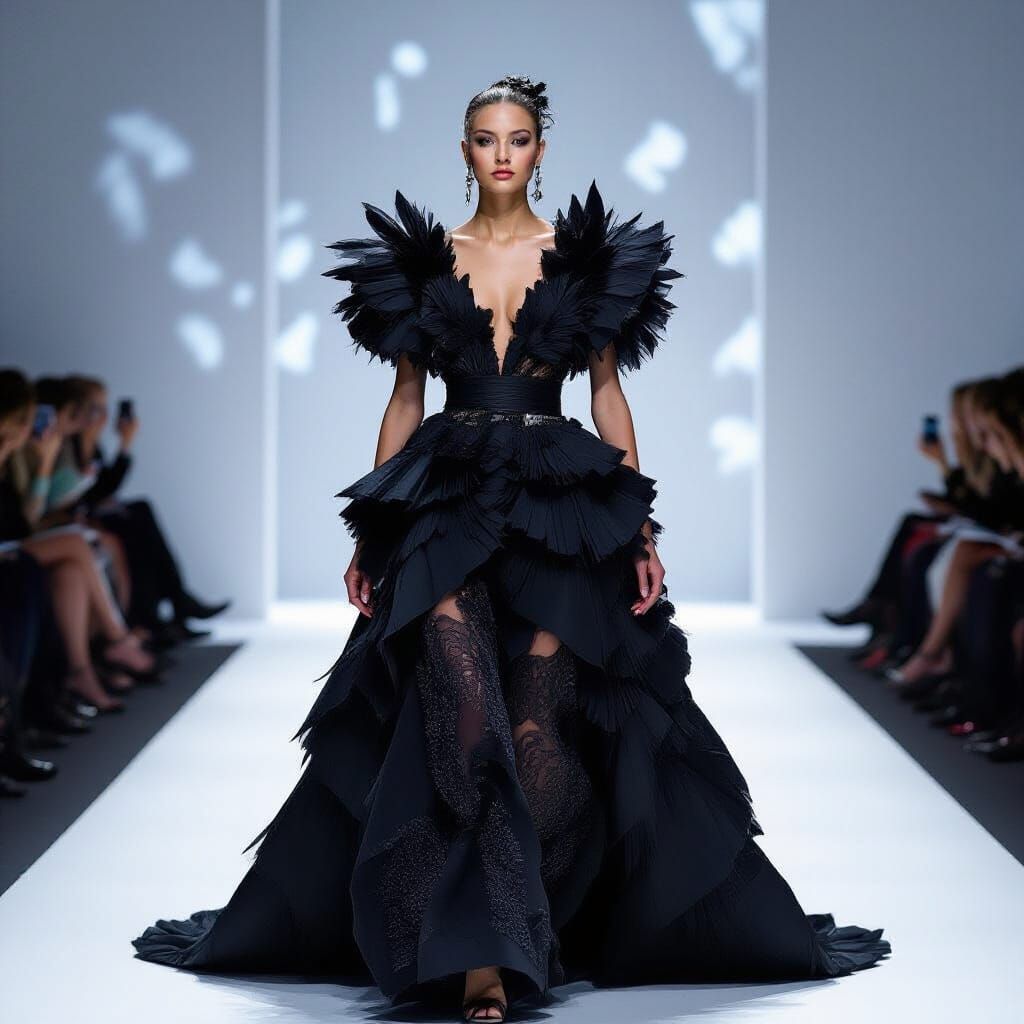 Feathered Haute Couture on a Minimalist Catwalk