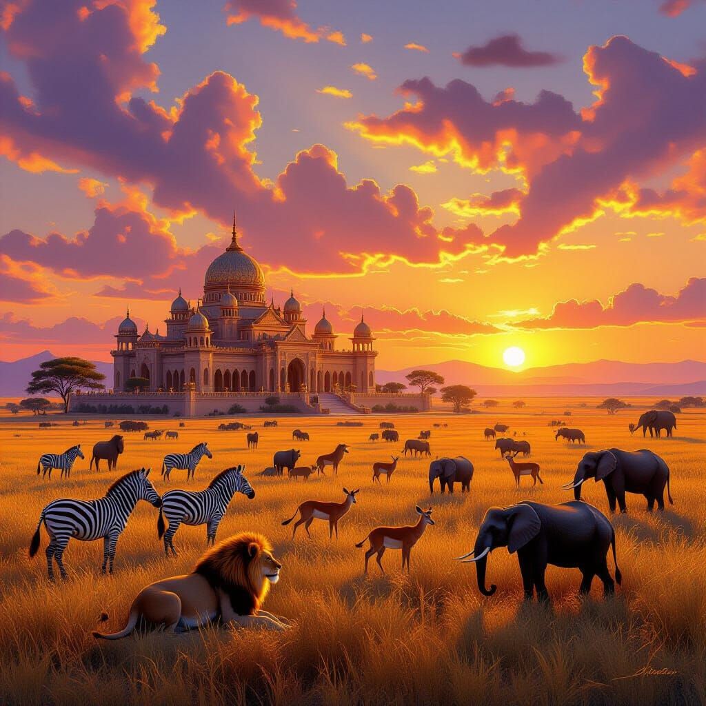 Animals & Palace at Fiery Sunset Landscape