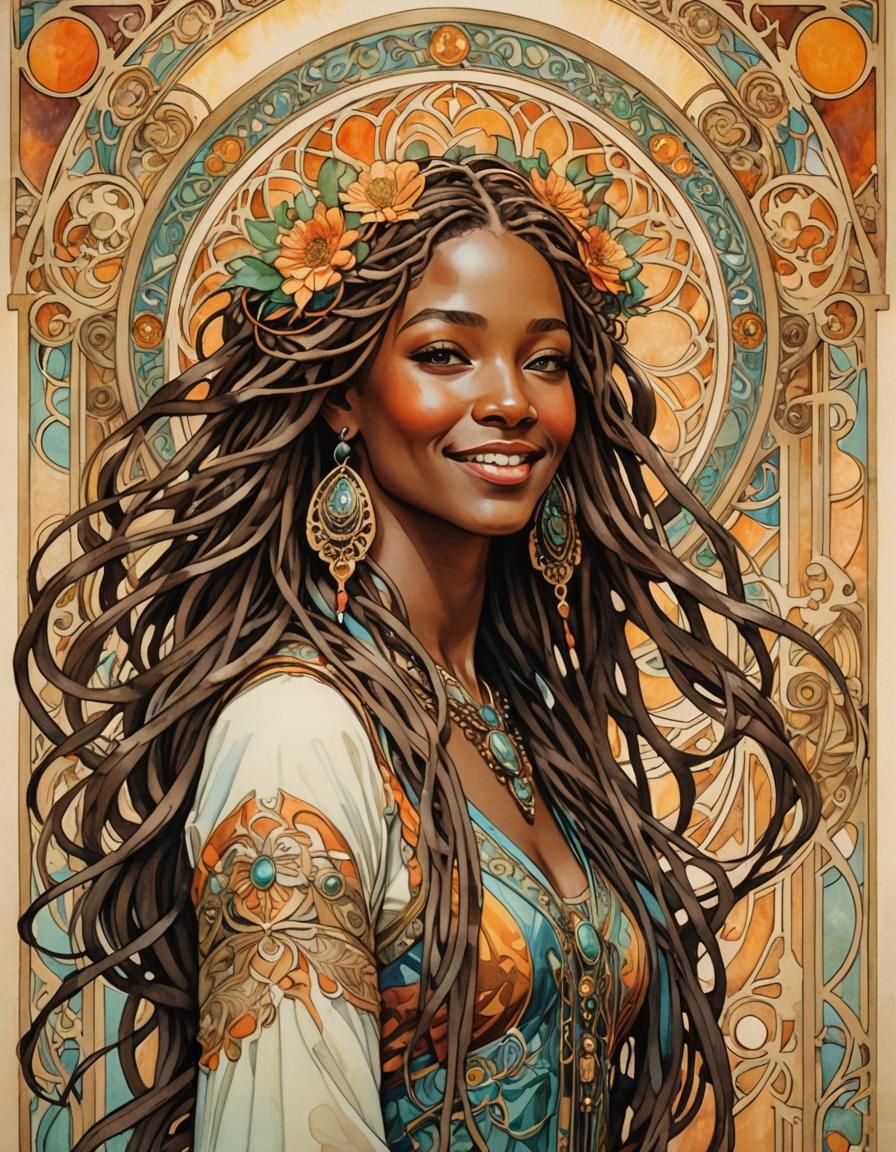 Smiling Woman with Locs in Art Nouveau Style