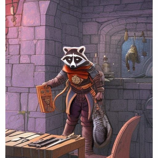 Raccoon Rogue Picking Lock in Detailed Fantasy Art