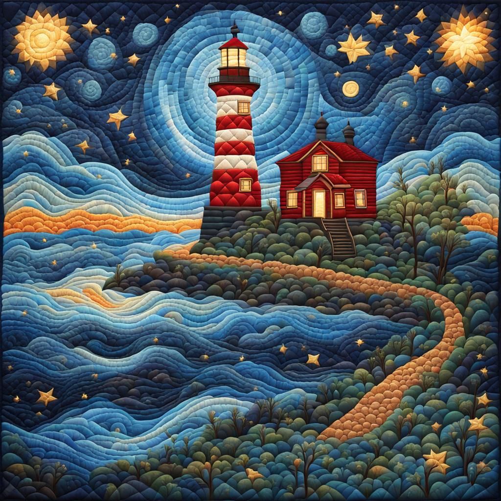 Lighthouse in Starry Night, Quilted Style